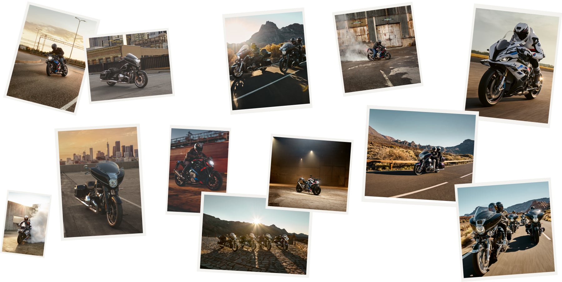 Collage of motorcyclist riding outside various locations and various models of motorcycles