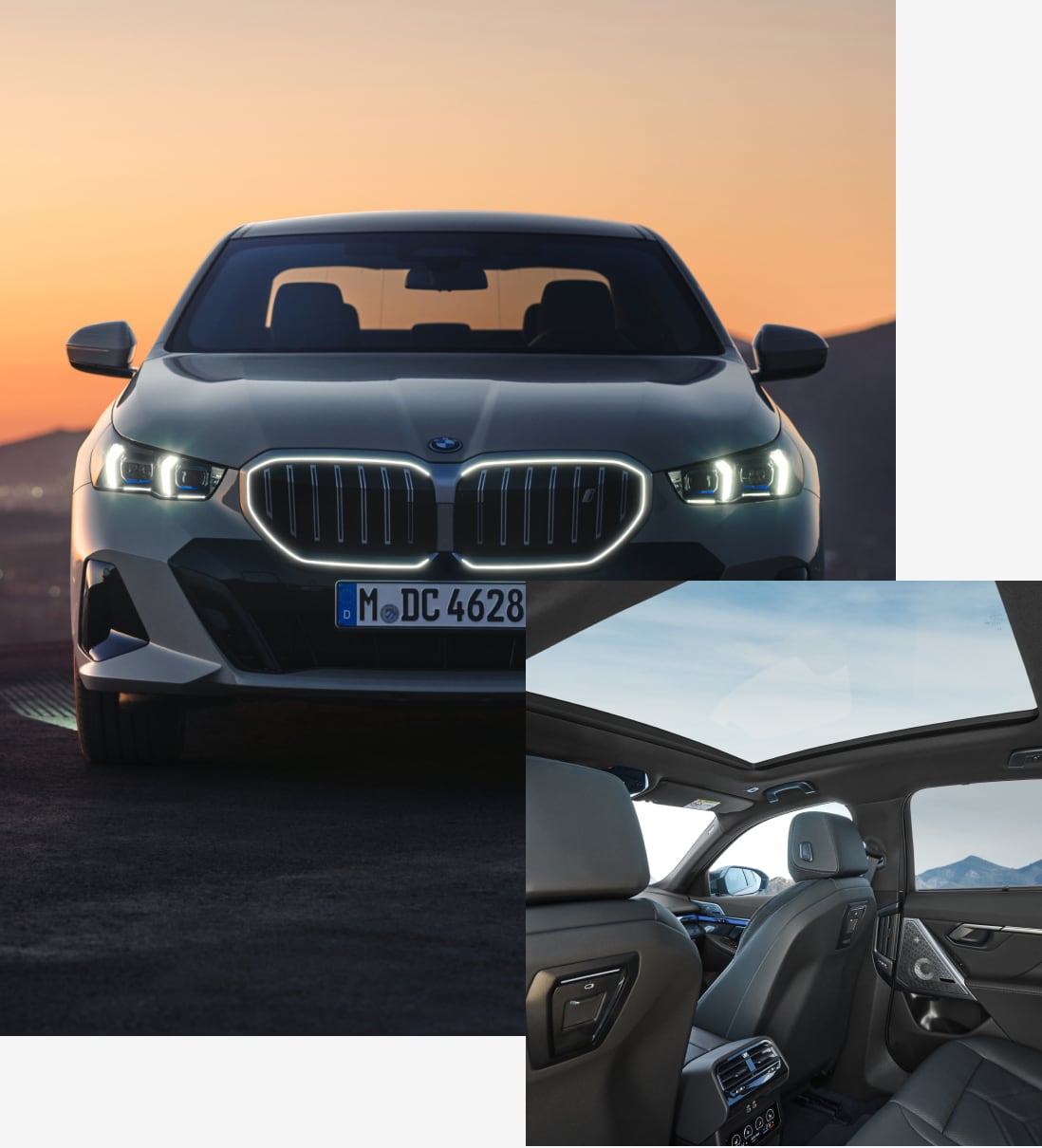 Front view of the BMW i5 grill glow in the dark and panoramic glass sunroof