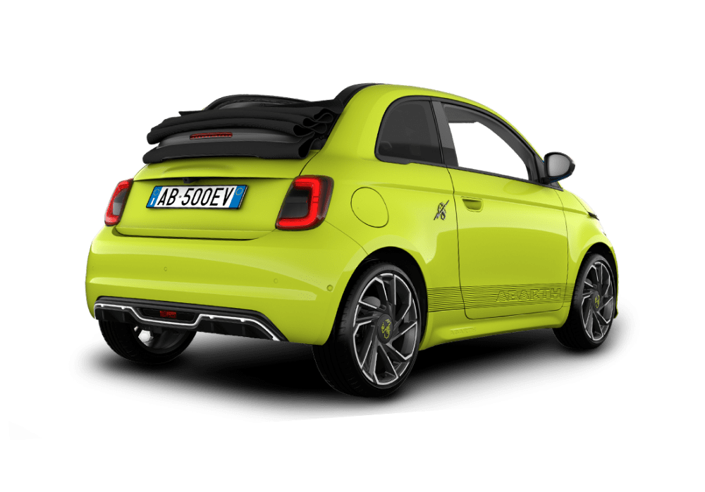 Angled rear shot of Acid Green Abarth 500e Scorpionissima